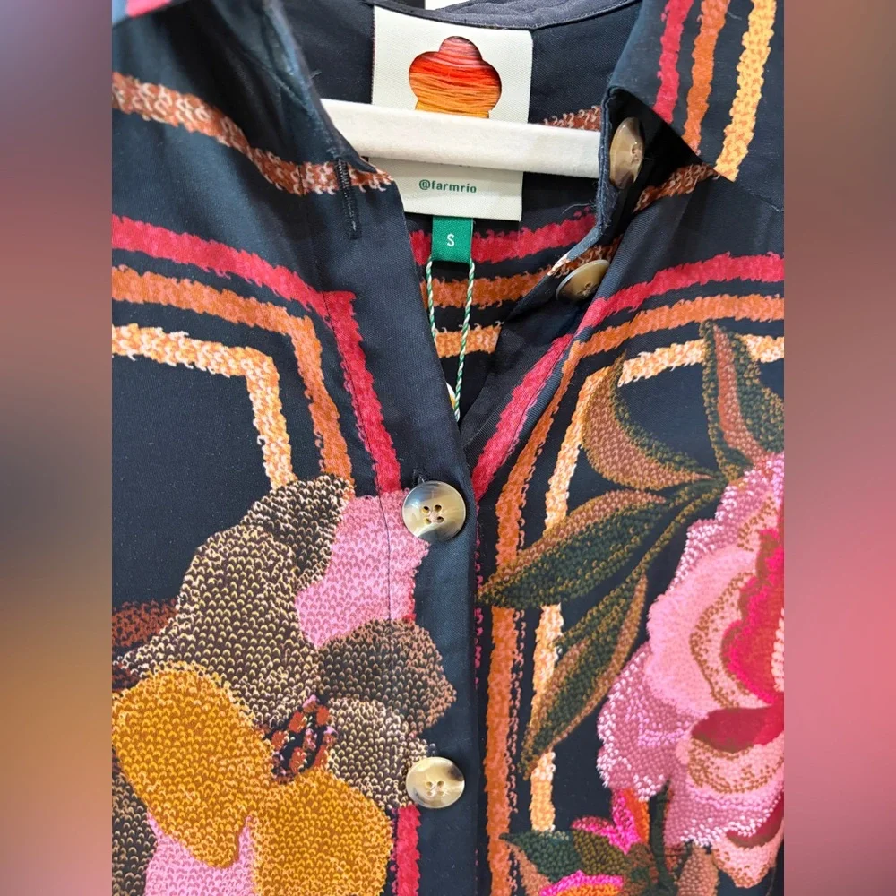 Farm Rio: Farm Rio Black Chenille Flowers Shirt - Picture 13 of 15